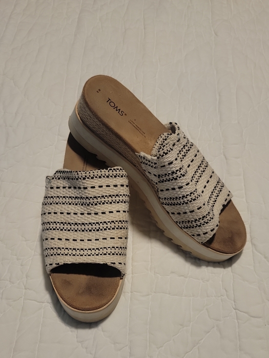 Toms Shoes - Toms Cream and Black Striped Platform Mules